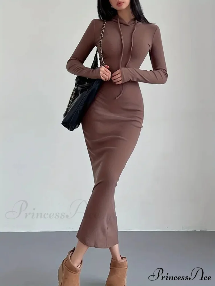 Casual Long Sleeve Drawstring Hooded Bodycon Dress - Black - Image 3