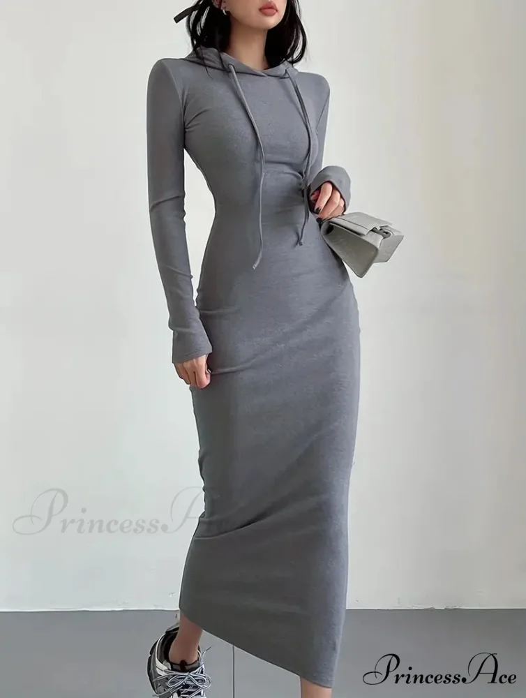 Casual Long Sleeve Drawstring Hooded Bodycon Dress - Black - Image 5