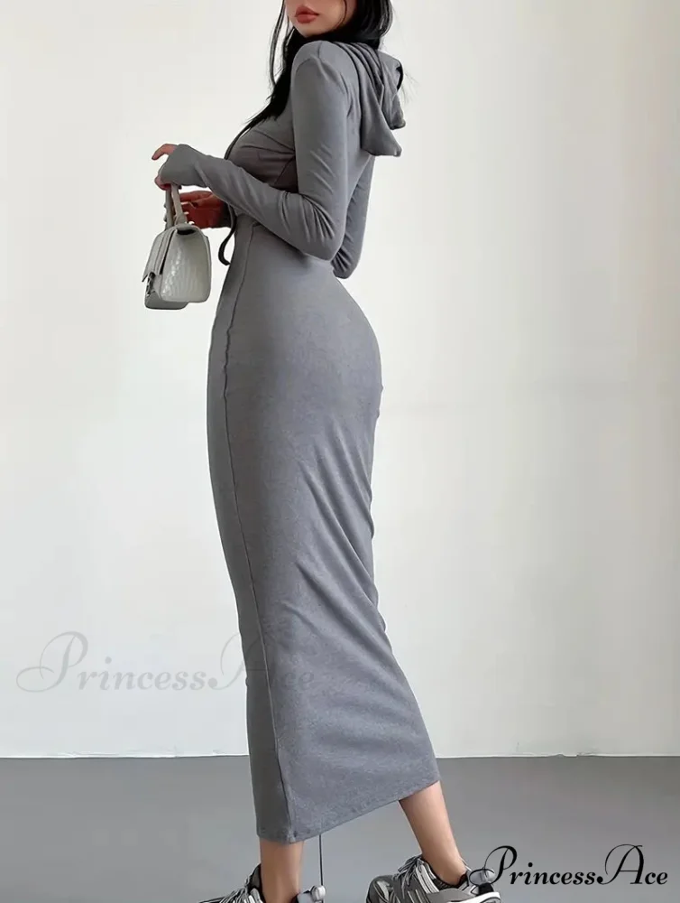 Casual Long Sleeve Drawstring Hooded Bodycon Dress - Black - Image 6