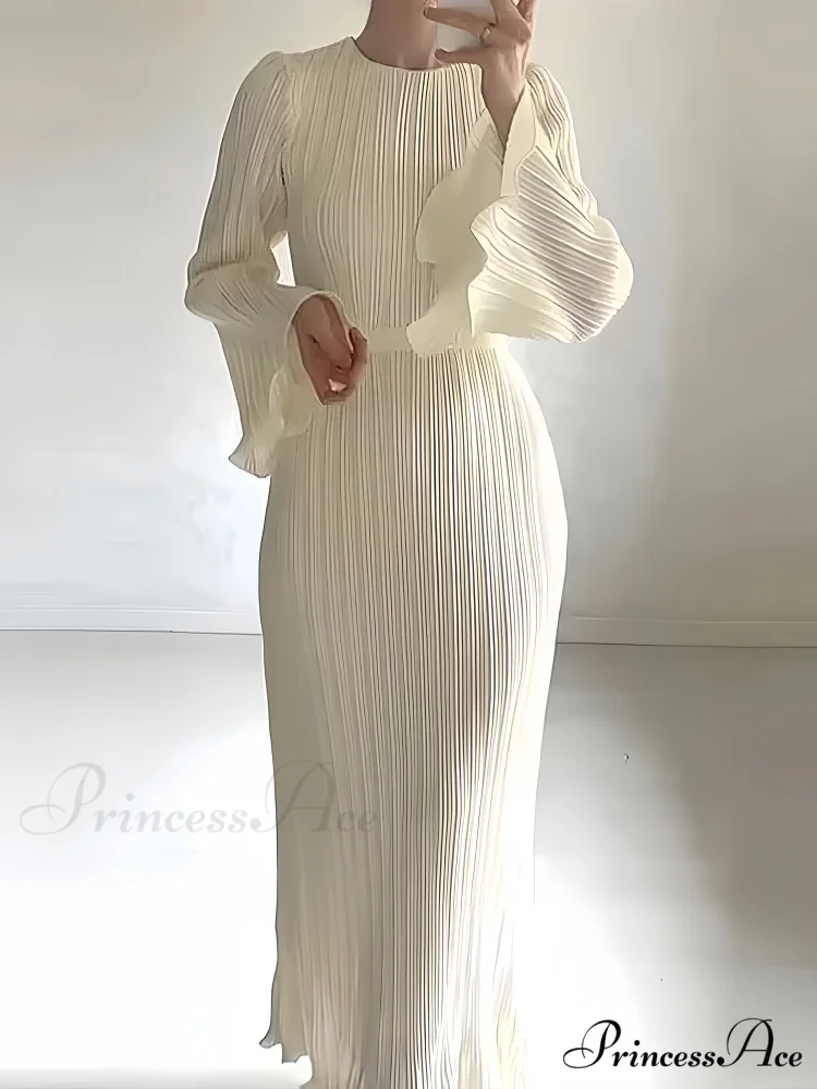 Pleated Ruffle Crew Neck Long Sleeve Casual Dress - Image 2