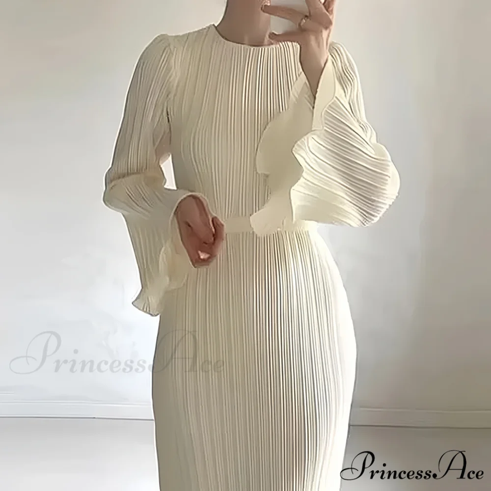 Pleated Ruffle Crew Neck Long Sleeve Casual Dress - Image 3