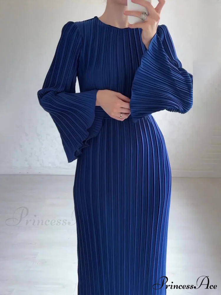 Pleated Ruffle Crew Neck Long Sleeve Casual Dress - Image 4