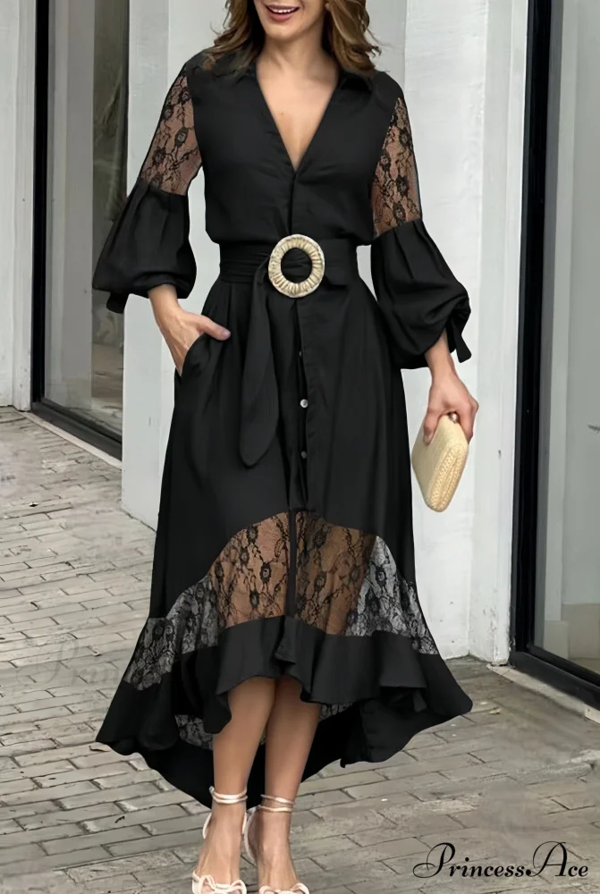 Ruffles Belt V Neck Dress with Long Sleeves - Image 2