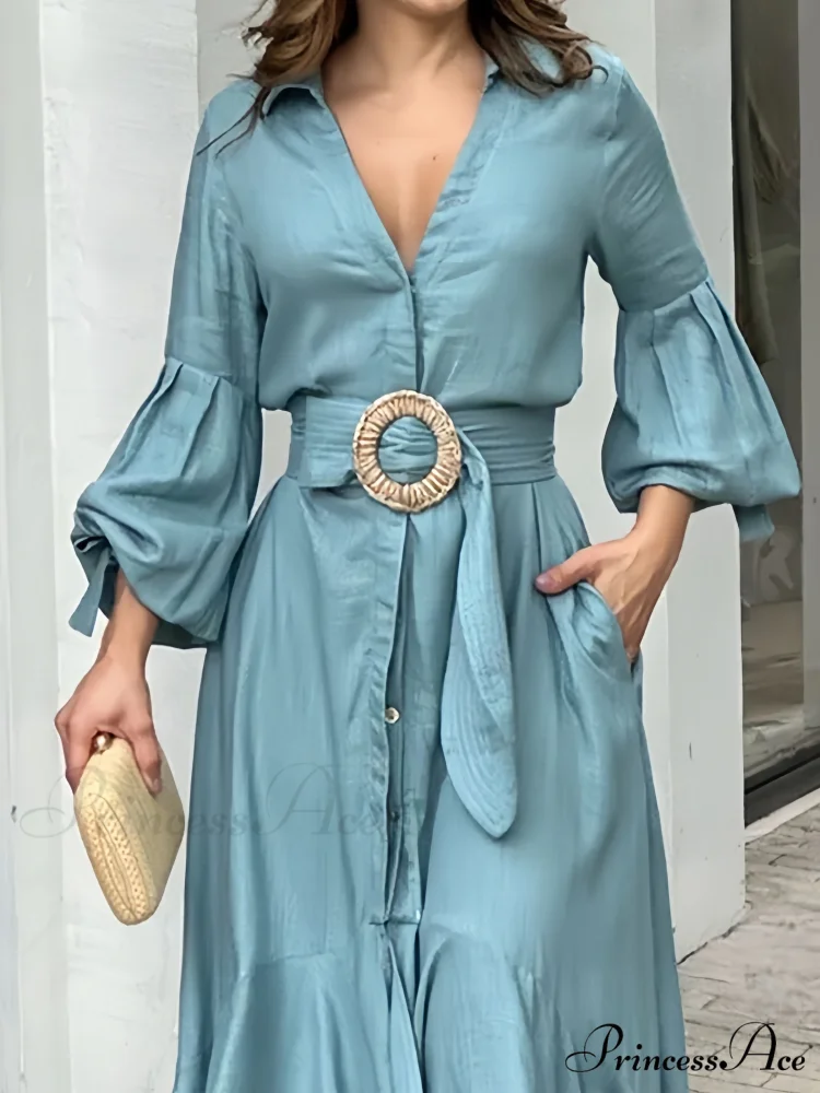 Ruffles Belt V Neck Dress with Long Sleeves - Image 4