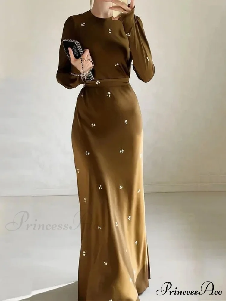 Coffee Print Bodycon Long Sleeve Dress - Image 5