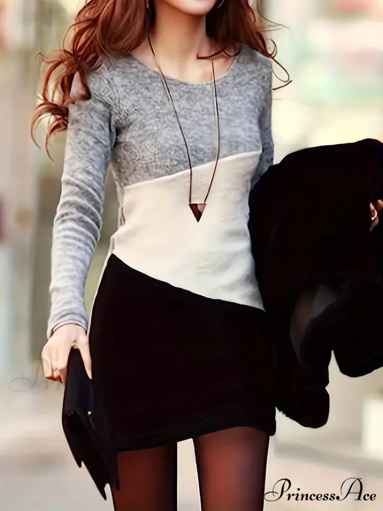 Simple Crew Neck Long Sleeve Dress with Color Block Design - Image 3
