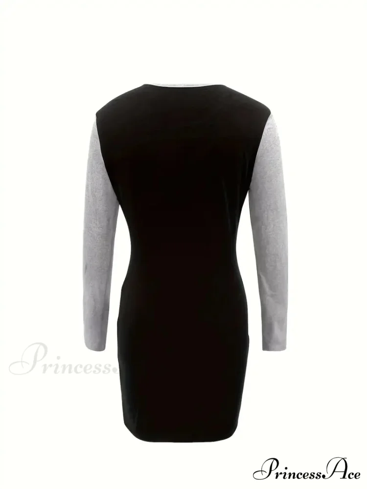 Simple Crew Neck Long Sleeve Dress with Color Block Design - Image 5