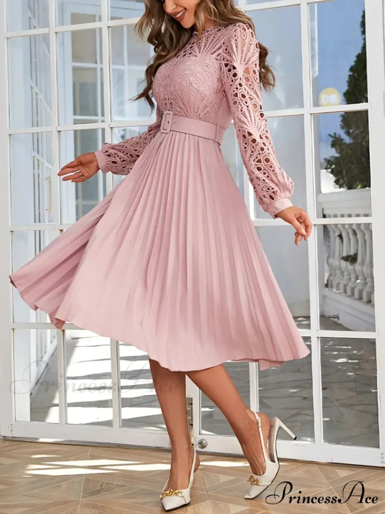 Pink Lace Pleated Party Dress with Belt - Image 2