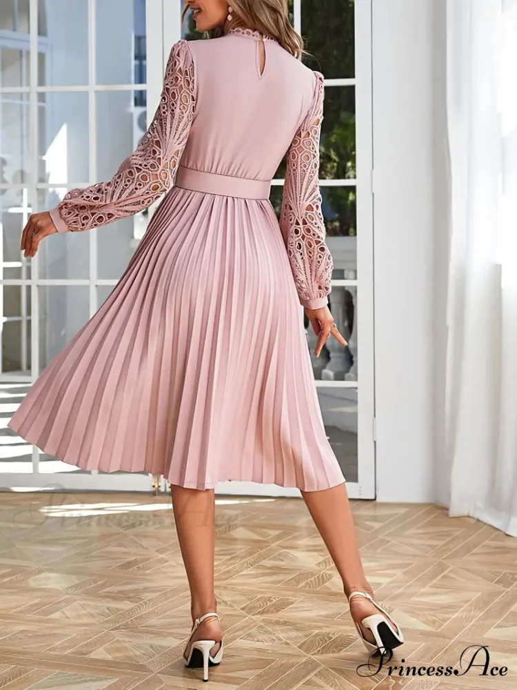 Pink Lace Pleated Party Dress with Belt - Image 3