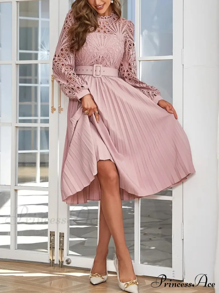 Pink Lace Pleated Party Dress with Belt - Image 4