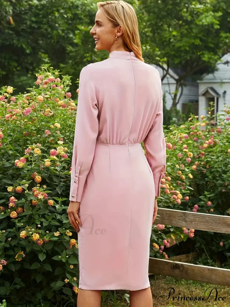 Pink Mock Neck Long Sleeve Dress for Office Lady - Image 2