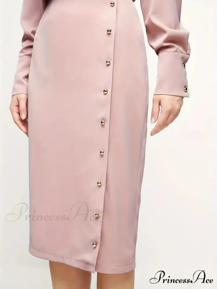 Pink Mock Neck Long Sleeve Dress for Office Lady - Image 3