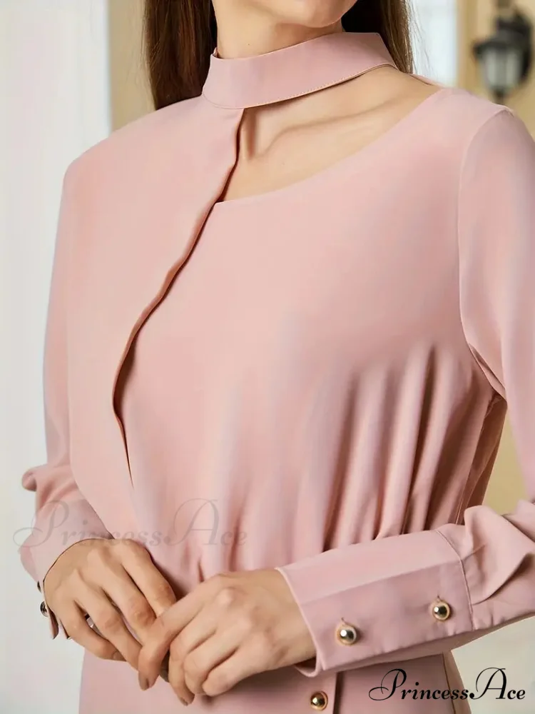 Pink Mock Neck Long Sleeve Dress for Office Lady - Image 4