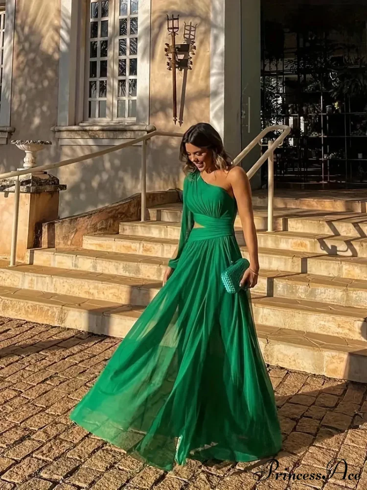One Shoulder Ruched Asymmetrical Party Dress - Dark Green - Image 2