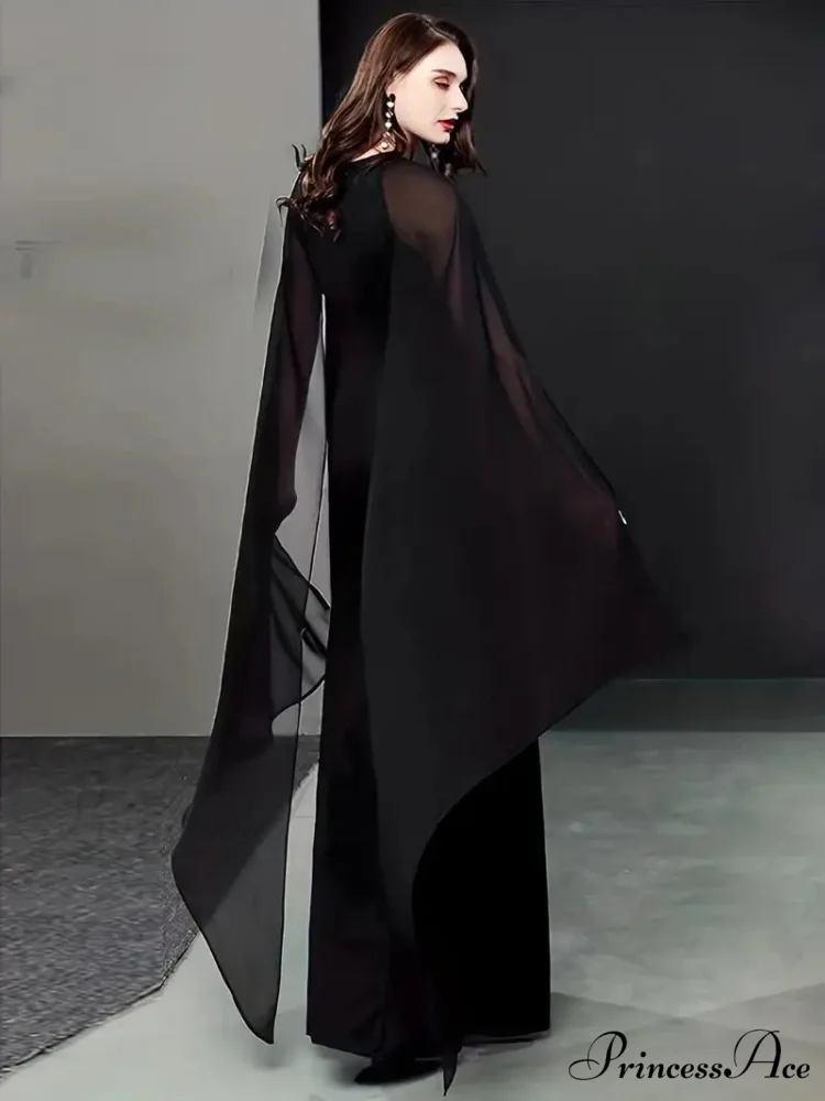 Elegant Black Chiffon Maxi Evening Party Dress with Long Sleeves - Image 2