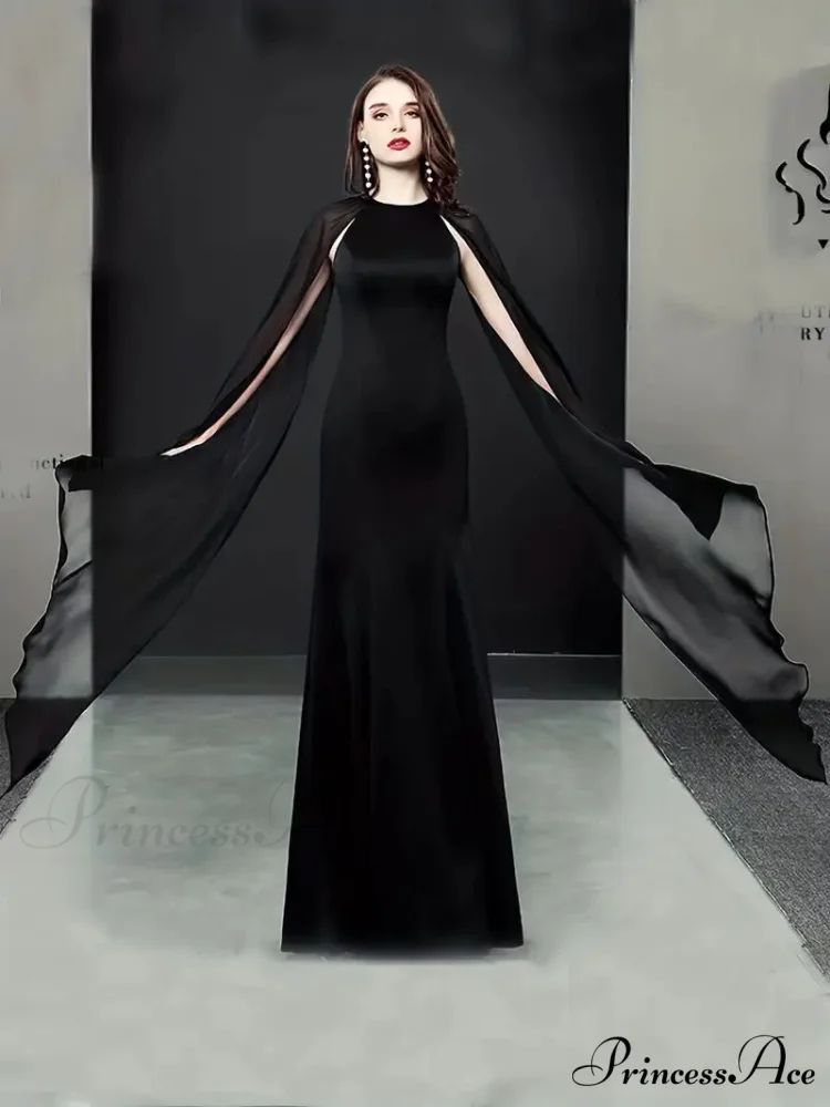 Elegant Black Chiffon Maxi Evening Party Dress with Long Sleeves - Image 3