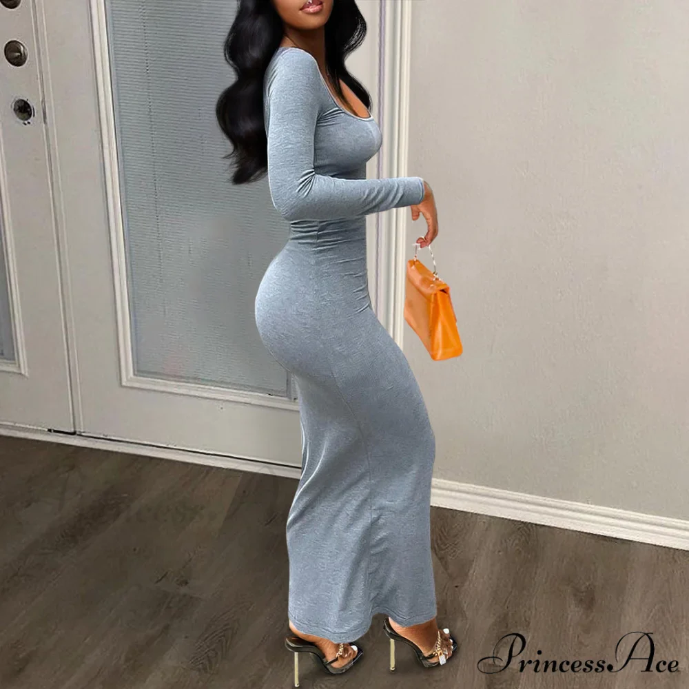 Gray Square Neck Bodycon Dress - Long Sleeve - Image 3