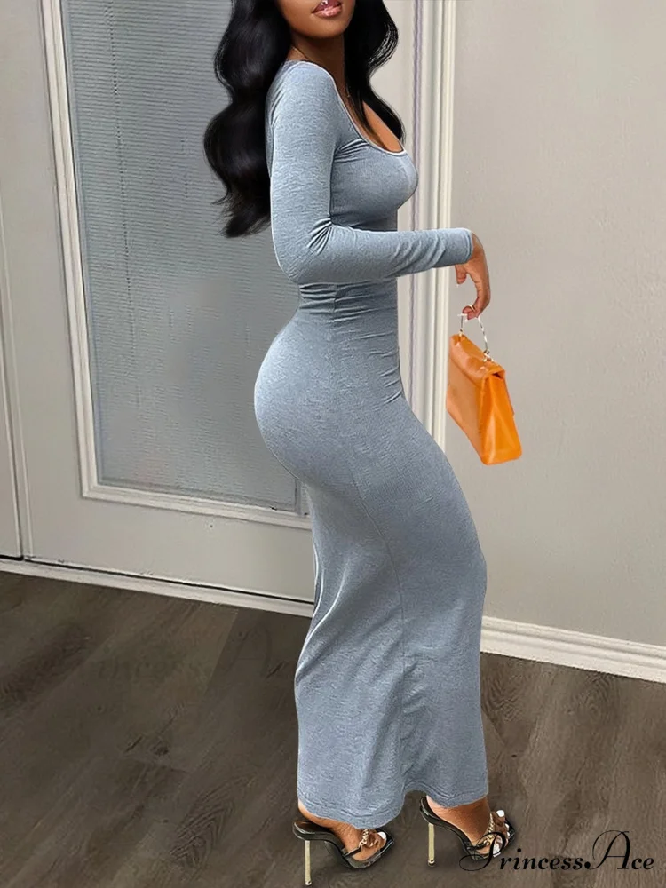 Gray Square Neck Bodycon Dress - Long Sleeve - Image 4