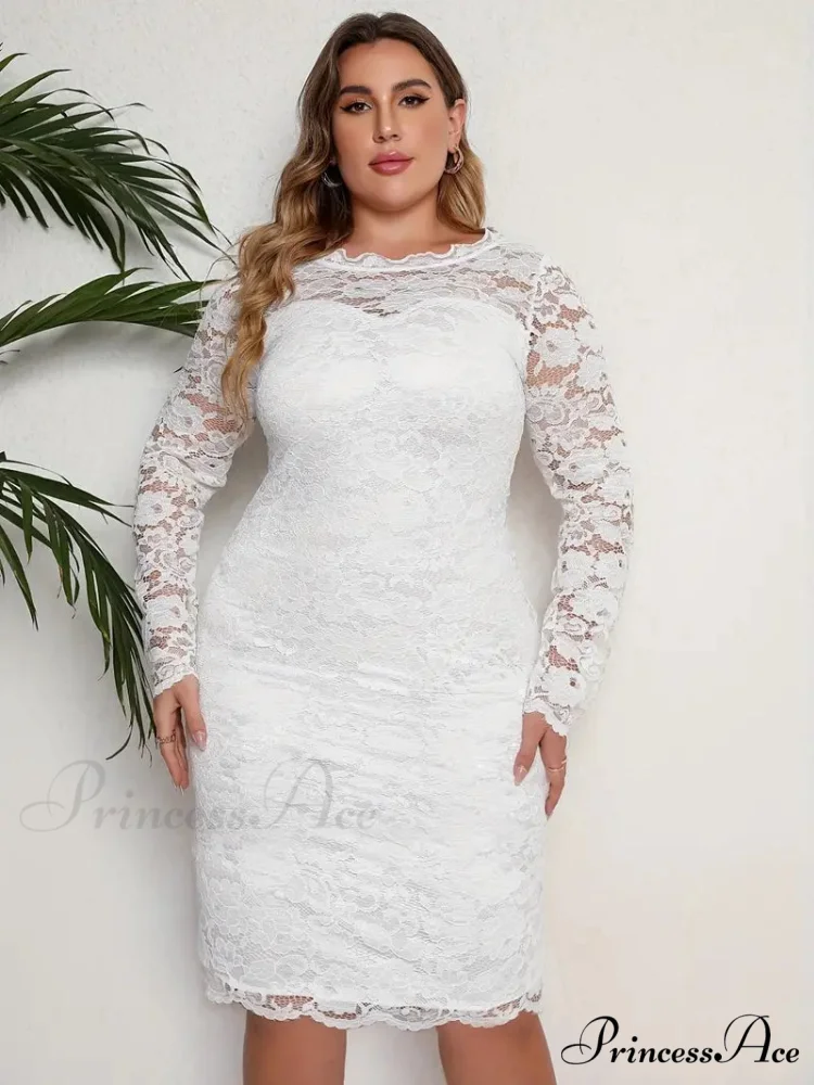 White Lace Long Sleeve Bodycon Dress - Plus Size - Image 4