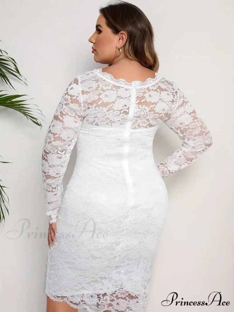 White Lace Long Sleeve Bodycon Dress - Plus Size - Image 5