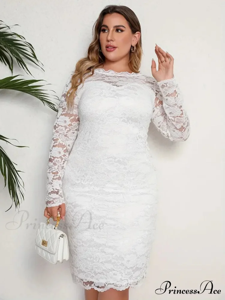White Lace Long Sleeve Bodycon Dress - Plus Size - Image 6