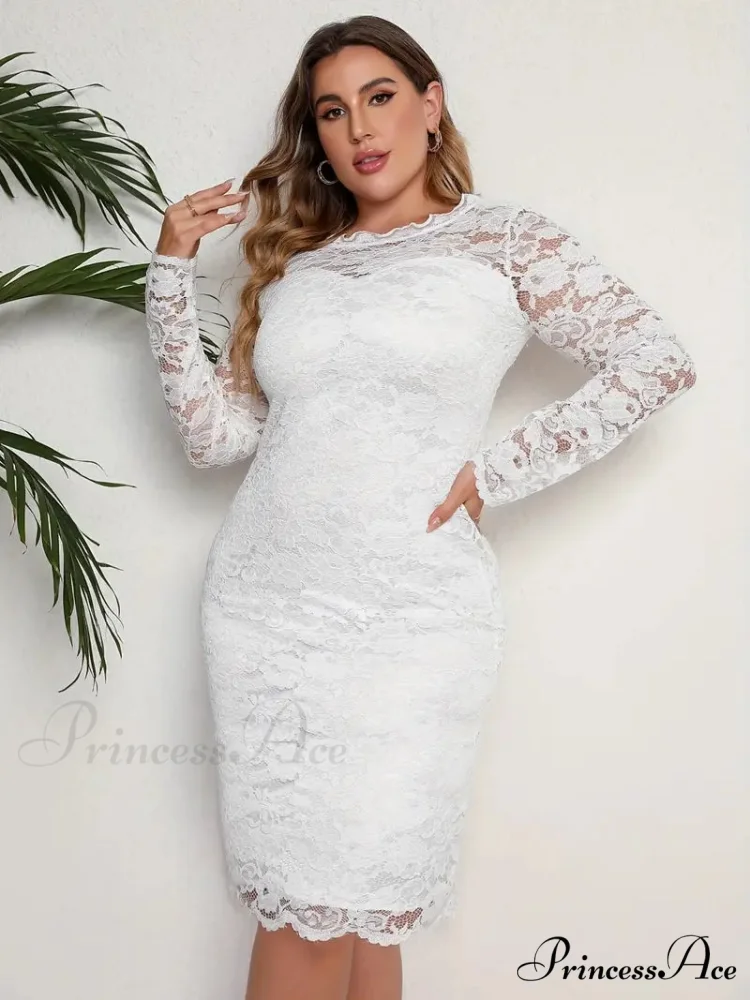 White Lace Long Sleeve Bodycon Dress - Plus Size - Image 7