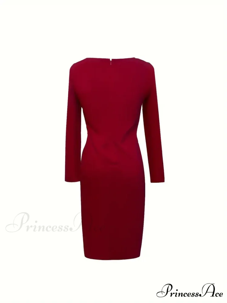 Burgundy Long Sleeve Bodycon Party Dress - Image 5