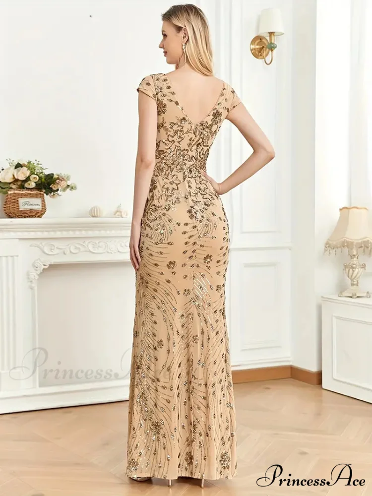 Mesh V Neck Sequin Cap Sleeve Ankle Prom Dress - Image 10