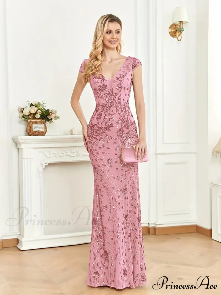 Mesh V Neck Sequin Cap Sleeve Ankle Prom Dress - Image 2