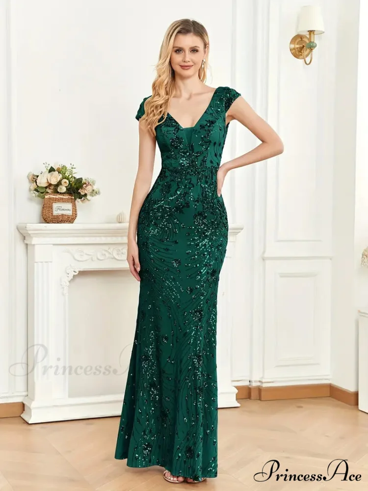 Mesh V Neck Sequin Cap Sleeve Ankle Prom Dress - Image 3