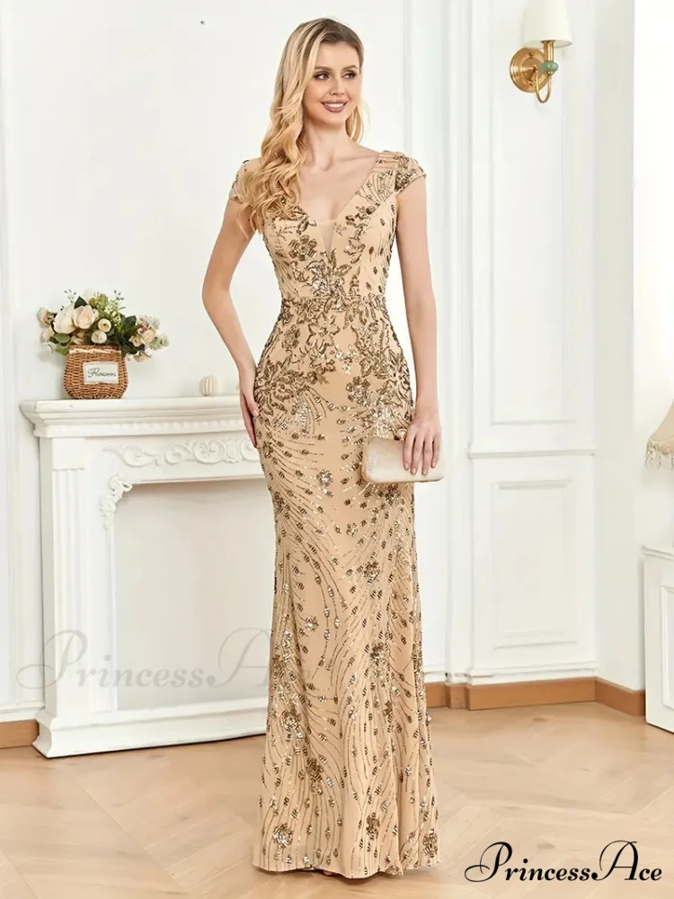 Mesh V Neck Sequin Cap Sleeve Ankle Prom Dress - Image 4