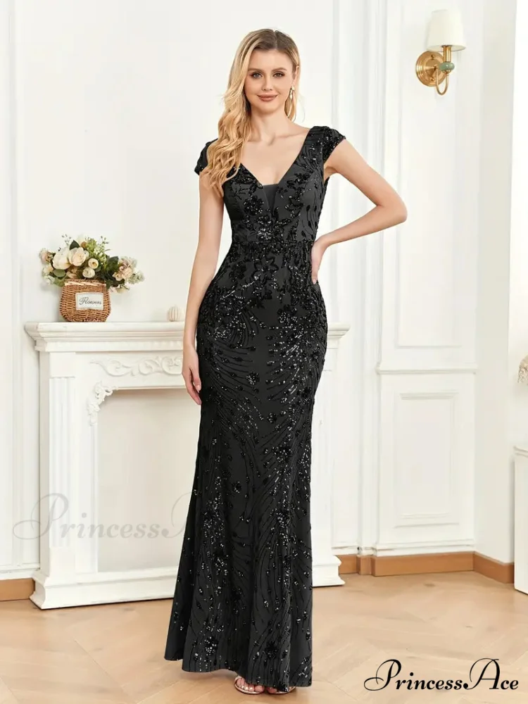 Mesh V Neck Sequin Cap Sleeve Ankle Prom Dress - Image 5