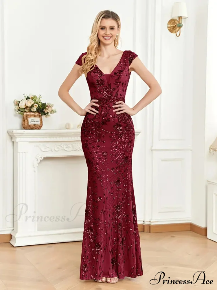 Mesh V Neck Sequin Cap Sleeve Ankle Prom Dress - Image 6