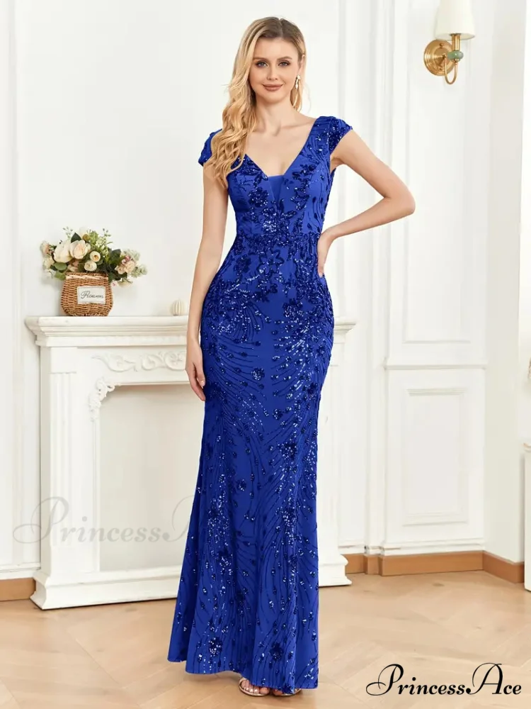 Mesh V Neck Sequin Cap Sleeve Ankle Prom Dress - Image 8