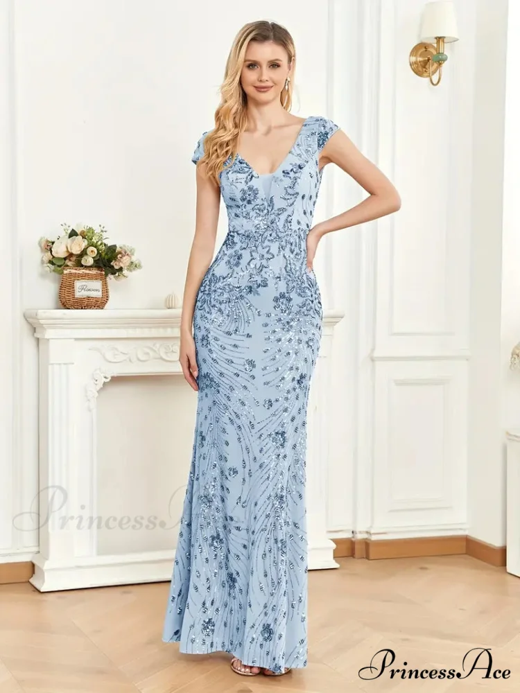 Mesh V Neck Sequin Cap Sleeve Ankle Prom Dress - Image 9