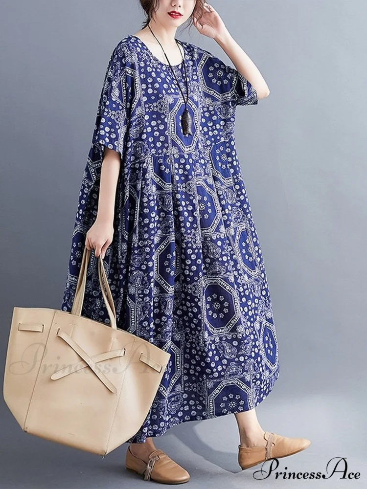 Boho Swing House Dress with Pockets in Blue Print - Image 2