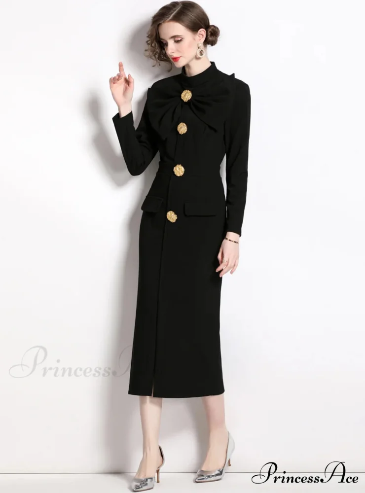 BLACK BOW SLIM LONG SLEEVE DRESS - Image 2