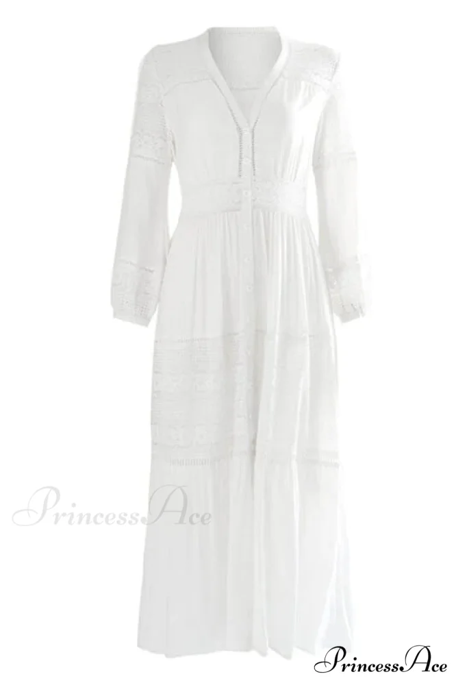 White Lace Button Down Maxi Dress with Floral Design - Image 2