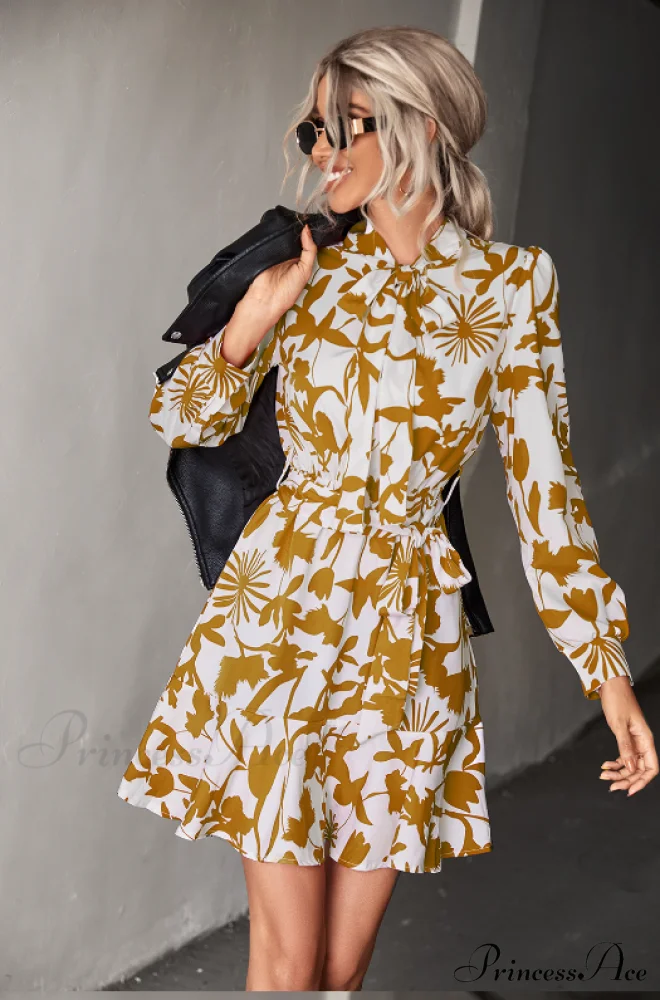 Woven Belt Waist Dress with Long Sleeves - Image 3