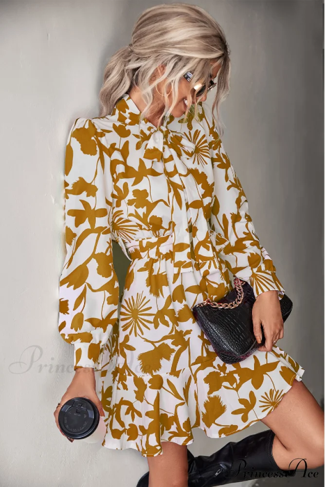 Woven Belt Waist Dress with Long Sleeves - Image 4