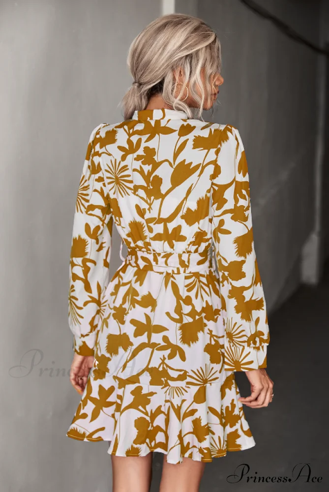 Woven Belt Waist Dress with Long Sleeves - Image 5