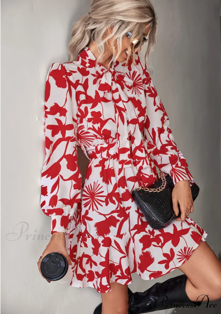 Woven Belt Waist Dress with Long Sleeves - Image 8