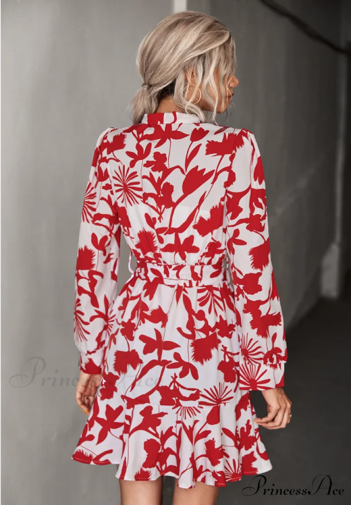 Woven Belt Waist Dress with Long Sleeves - Image 9
