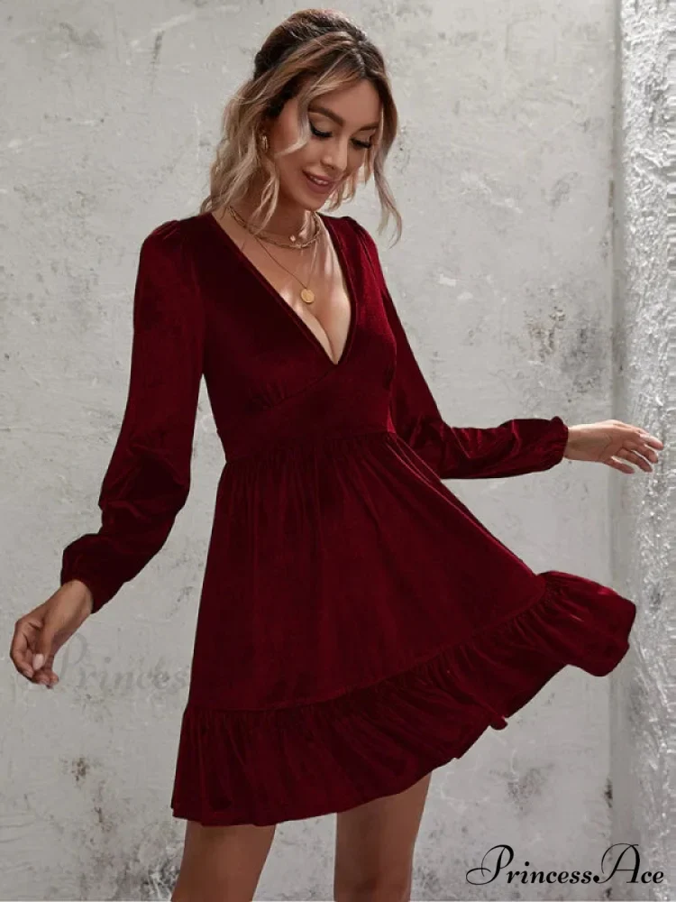 Velvet Ruffled Dress with Deep V-Neck and Puff Sleeves - Image 2