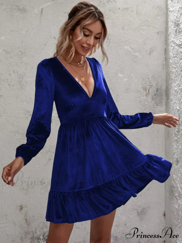 Velvet Ruffled Dress with Deep V-Neck and Puff Sleeves - Image 4