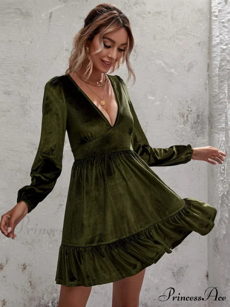 Velvet Ruffled Dress with Deep V-Neck and Puff Sleeves - Image 5