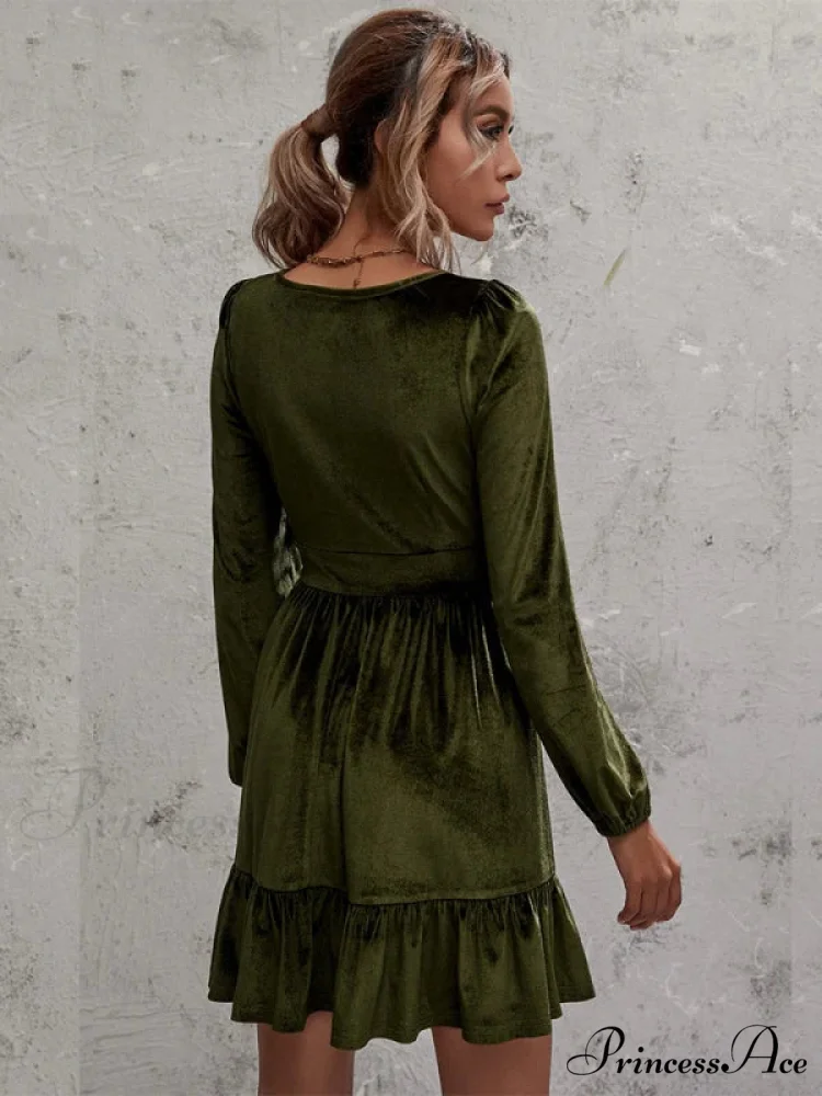 Velvet Ruffled Dress with Deep V-Neck and Puff Sleeves - Image 6