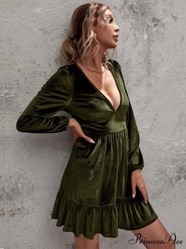 Velvet Ruffled Dress with Deep V-Neck and Puff Sleeves - Image 7
