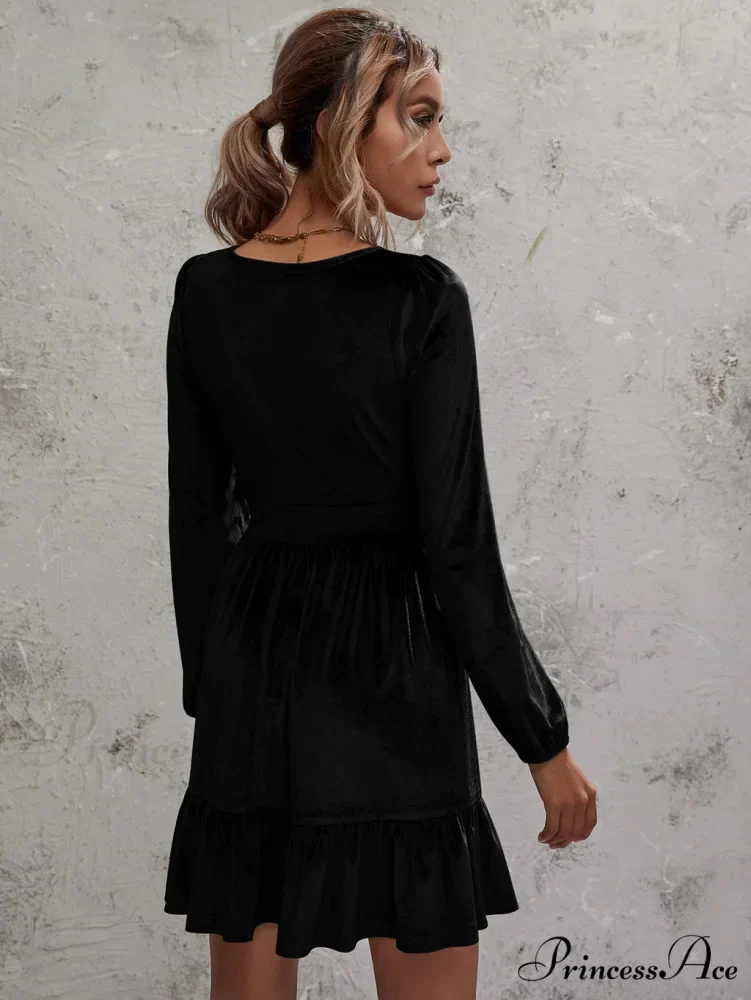 Velvet Ruffled Dress with Deep V-Neck and Puff Sleeves - Image 9