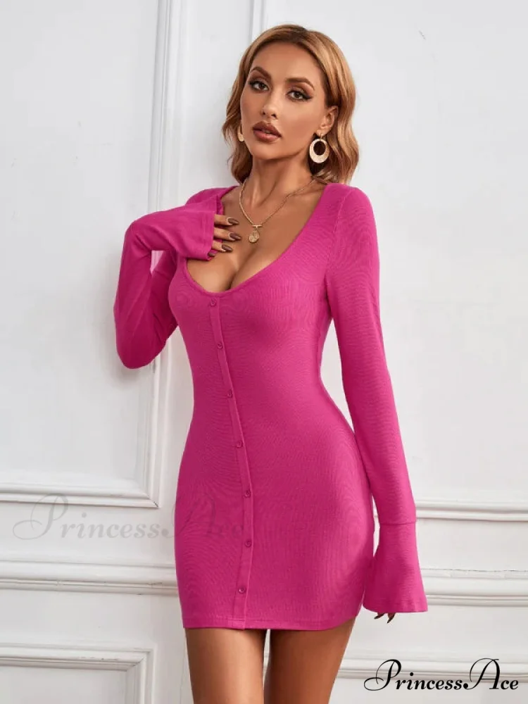 Single-Breasted Knitted Long-Sleeved Dress - Image 2